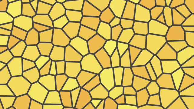Abstract golden yellow mosaic background video with black outlines, geometric stained glass pattern texture for modern artistic design and decorative projects