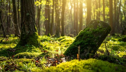 Sunlit Forest Floor - Mossy Trees and Golden Light.