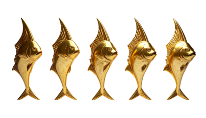 Three luxury golden fish statues isolated on plain white background