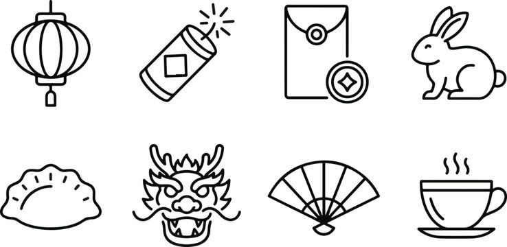  set of ainimal chinese new year culture icon featuring  dargon, lantern , firecaker ,and red  envelope in cleen line art style