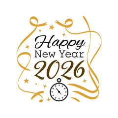 Obraz premium Happy New Year 2026 Typography with Clock and Golden Ribbons