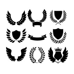 Obraz premium Laurel wreath, shield, wing, ribbon, and banners vector set. Laurel wreaths, shields, wings, ribbons illustration for awards, heraldry, logos, badges, and branding designs .