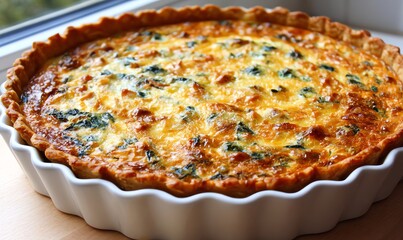 Golden Baked Quiche with Spinach and Cheese in White Dish