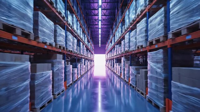 Warehouse interior rows of shelving with stored goods perspective