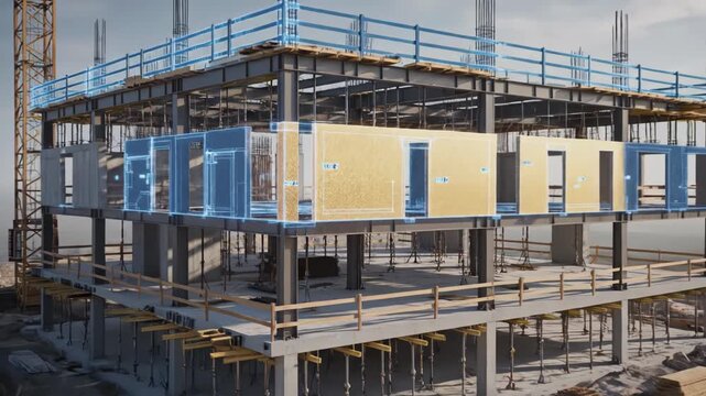 A construction site with a blue schematic overlay highlighting building floor plans