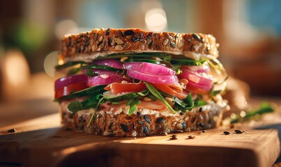 Gourmet Sandwich with Fresh Ingredients on Whole Grain Bread