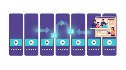 AI Story Reels Planner Illustration for Social Media Content Calendar with Vertical Video Templates, Workflow Timeline, Scheduling, Creator Team Collaboration, Marketing Strategy Vector