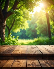Sunlit Forest Scene with Wooden Platform for Product Display.