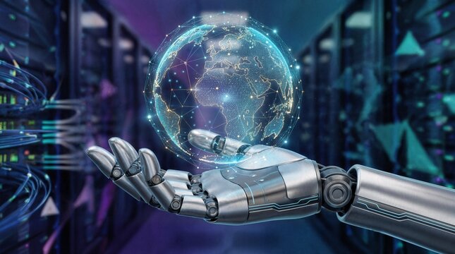 A robotic hand holds a glowing holographic globe, symbolizing global technology, artificial intelligence, and data management in a futuristic server room environment. - Powered by Adobe