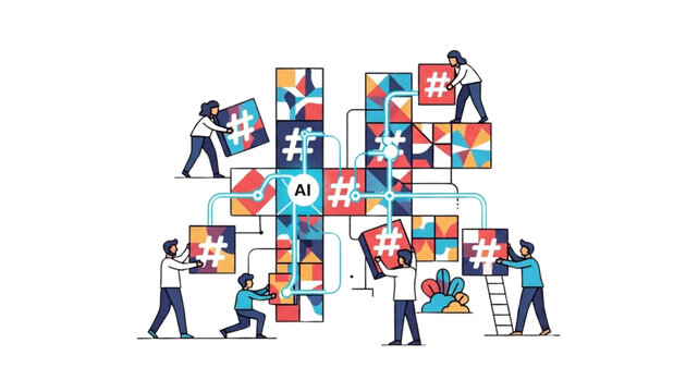 AI driven social media marketing, team constructing large hashtag with artificial intelligence technology, viral content strategy concept, flat vector illustration - Powered by Adobe