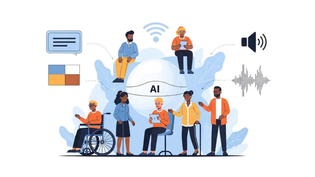 AI Accessibility Illustration with Inclusive Diverse People, Assistive Technology, Screen Reader, Voice Control, High Contrast UI, Disability Support, Digital Inclusion Vector