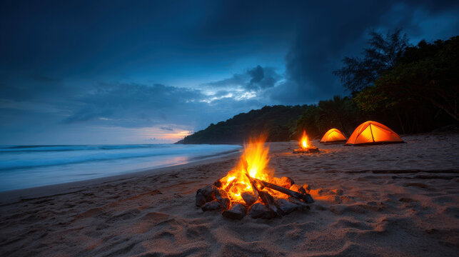 Tranquil Tropical Beach Scene with Campfire and Tents Under Evening Sky Surrounded by Lush Nature and Reflective Ocean Waves
