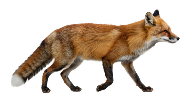 majestic red fox (vulpes vulpes) in a graceful walking pose, hyperrealistic cgi rendering with ultra-detailed orange fur and white-tipped tail, isolated on transparent background with copy space