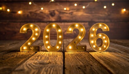 The illuminated numbers "2026" in a marquee style stand prominently on a rustic wooden surface, with a blurred backdrop of warm string lights.