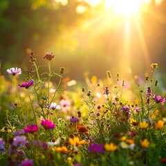 Sunlit Meadow - A Vibrant Tapestry of Wildflowers in Golden Light.