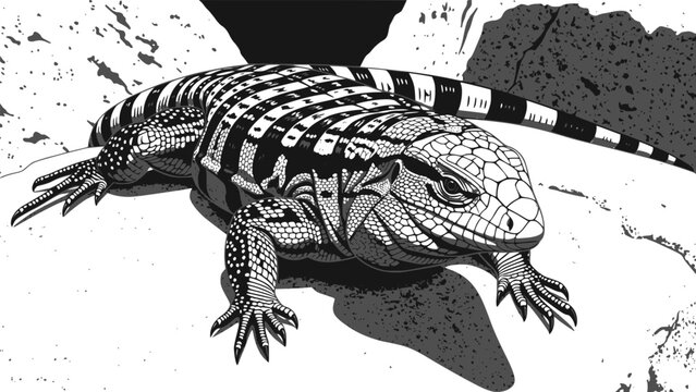 Graphic illustration of a black and white Argentine tegu lizard on a rocky surface. Design for educational wildlife posters or exotic pet care branding. Transparent background EPS version.