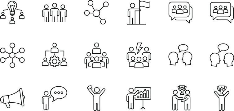 Business leadership and team communication line icon set featuring creative problem solving, group hierarchy, public speaking, conflict resolution, and competitive success trophies.