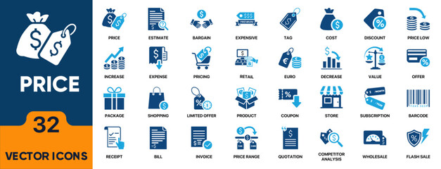 Price Flat Icon Set. Editable vector icons of Estimate, Bargain, Tag, Cost and Discount. Perfect for e-commerce, finance, apps and business UI.