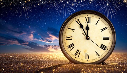 A large clock stands on a glittering surface with fireworks exploding in the night sky