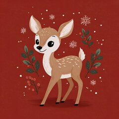 A cute cartoon deer standing among festive foliage and snowflakes, perfect for holiday designs and cheerful decor.