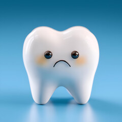 A cute, sad tooth character with big eyes against a blue background, representing dental health and care.
