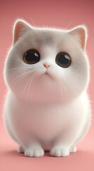 A cute, fluffy kitten with big eyes, sitting adorably against a pink background, radiating charm and innocence.