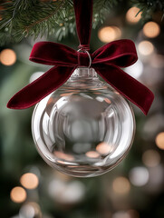 A glass ornament hanging elegantly from a Christmas tree, illuminated by soft, glowing lights in the background.
