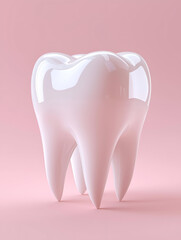 A glossy, three-dimensional tooth model on a soft pink background, symbolizing dental health and care.
