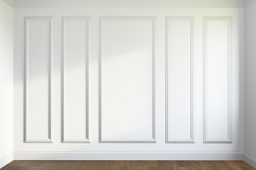 Empty white panelling wall background, classical design, with wooden floor. Mock up, 3D rendering.