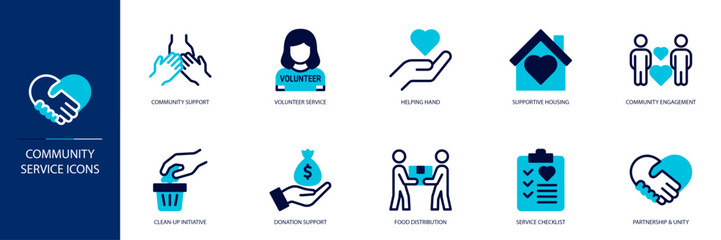 Community Service Blue Colored Outline Icon Set