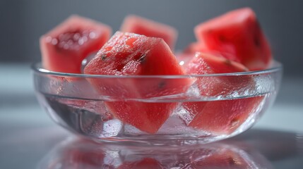 A crystal-clear glass bowl holds watermelon cubes, glowing seed shimmering within like a tiny firefly. Subtle depth of field