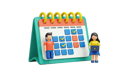 3D Illustration of Calendar Planning with People and Laptop
