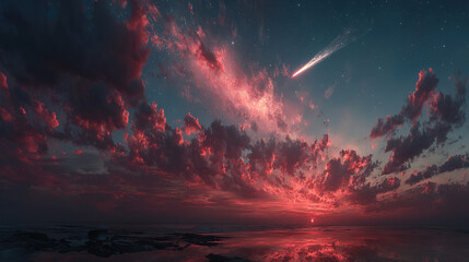 Stunning night sky over the ocean with clouds and a bright comet or shooting star.