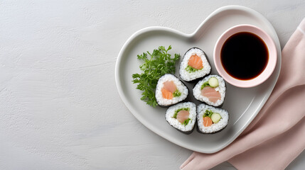 sushi rolls on heart shaped white plate on gray background
