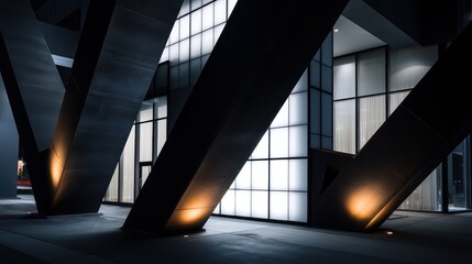 A dramatic structure rises with angular black steel beams intersecting glowing white glass blocks Shadows enhance geometric sharpness