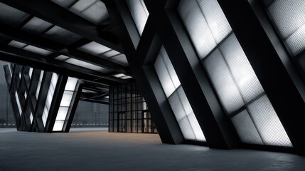 A dramatic structure rises with angular black steel beams intersecting glowing white glass blocks Shadows enhance geometric sharpness