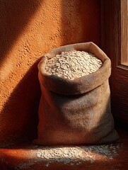 Rustic Burlap Sack Overflowing with Rolled Oats in Warm Sunlight