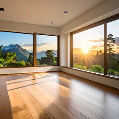Sunlit Room with Panoramic Mountain Views at Sunset.