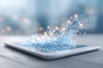 Digital Growth: A conceptual image showcases a tablet with a dynamic upward trend of financial data emerging from the screen, representing business growth. 