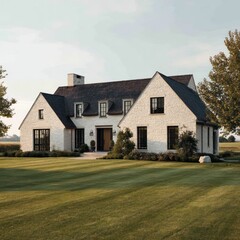 A farmhouse exterior built whitewashed stone accented by dark roofline Neatly mowed lawn surrounds the property providing simple