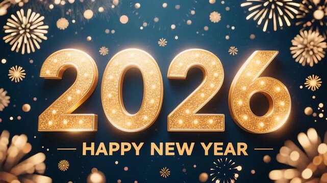 2026  Happy New Year winter greeting card illustration with Christmas decorations and snow