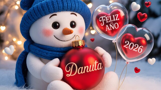 Adorable snowman in blue hat and scarf holding red ornament with name Danuta