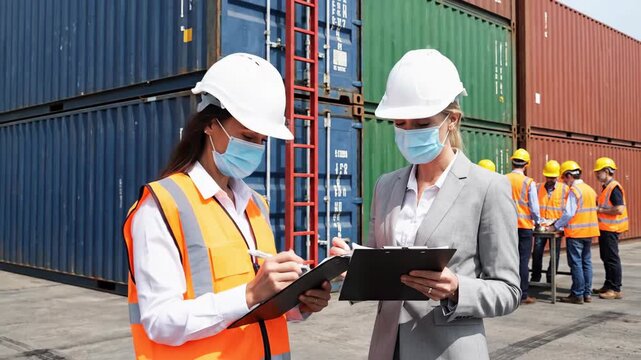 Two workers discussing plans with shipping containers in background