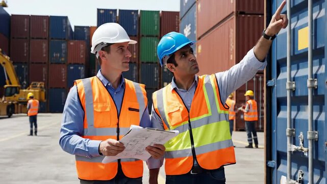 Two workers review document in outdoor industrial shipping container yard