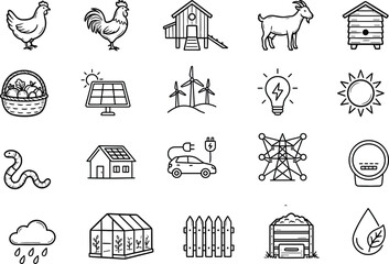 Sustainable living and farming icons set featuring renewable energy, eco practices, agriculture, and green technology visuals in line style © Hafeza