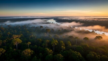 Obraz premium Aerial view of lush green forest landscape with river and morning fog