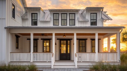 Fototapeta premium A farmhouse exterior designed with symmetrical white paneling and contrasting dark windows Porch railings provide rhythmic composition Captured