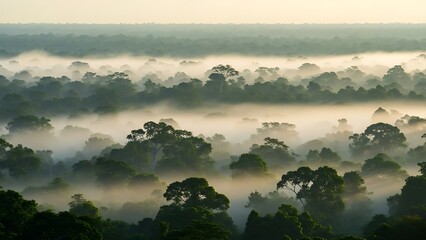 Aerial view of lush green forest with morning fog and soft sunlight