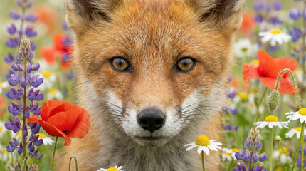 A young red fox with bright eyes peeking through a vibrant meadow filled with colorful wildflowers like poppies, daisies, and lupines.
