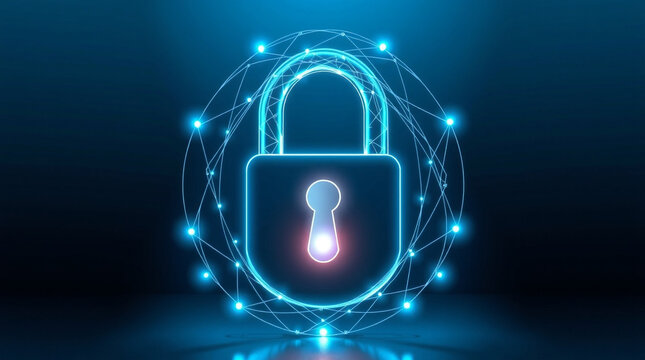 Glowing blue padlock with network connections symbolizing cybersecurity and data protection - Powered by Adobe